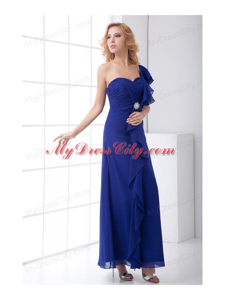 Empire One Shoulder Ankle-length Chiffon Blue Ruching Prom Dress