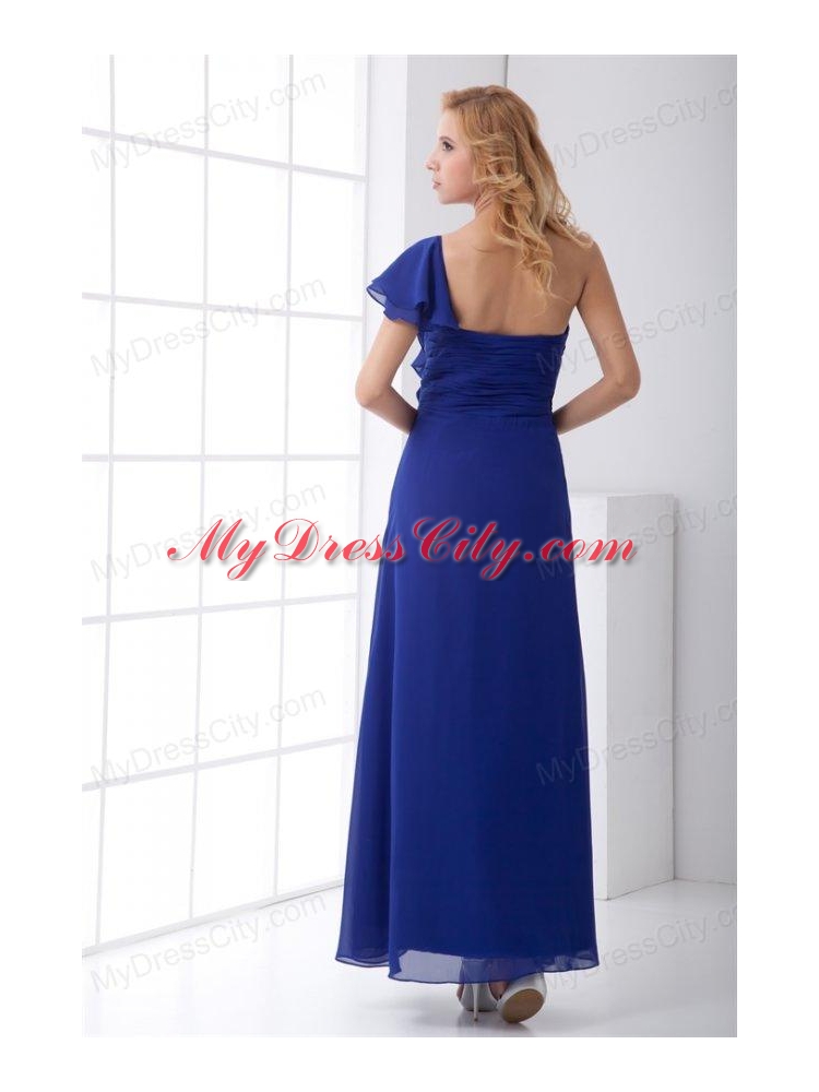 Empire One Shoulder Ankle-length Chiffon Blue Ruching Prom Dress