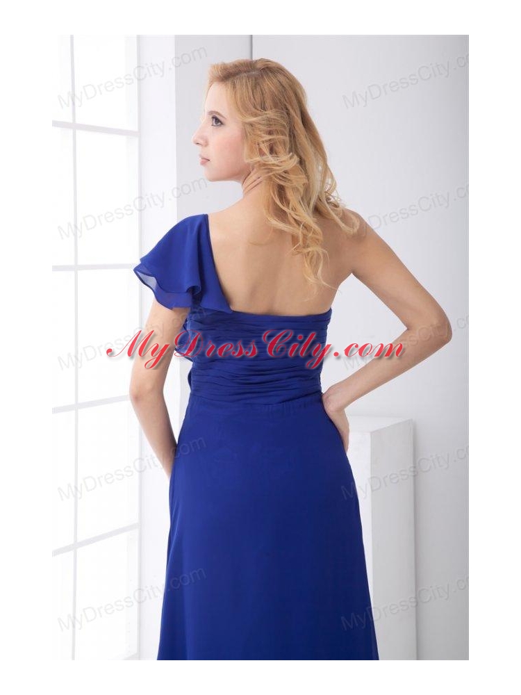 Empire One Shoulder Ankle-length Chiffon Blue Ruching Prom Dress