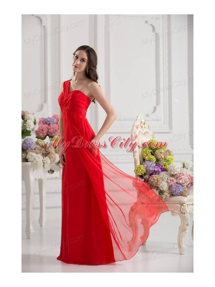 Empire One Shoulder Chiffon Ruching Floor-length Prom Dress in Red