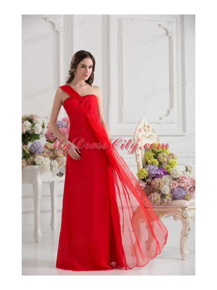 Empire One Shoulder Chiffon Ruching Floor-length Prom Dress in Red