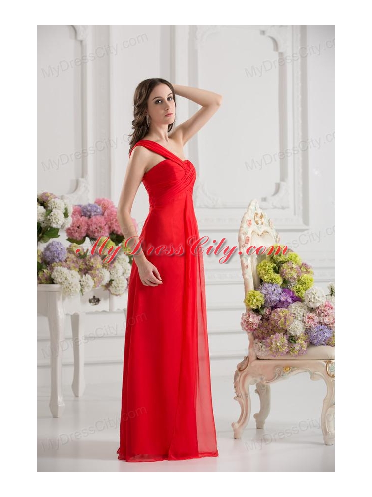 Empire One Shoulder Chiffon Ruching Floor-length Prom Dress in Red