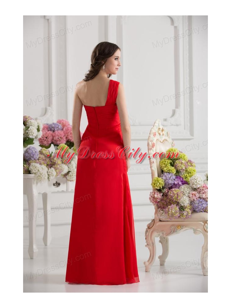 Empire One Shoulder Chiffon Ruching Floor-length Prom Dress in Red