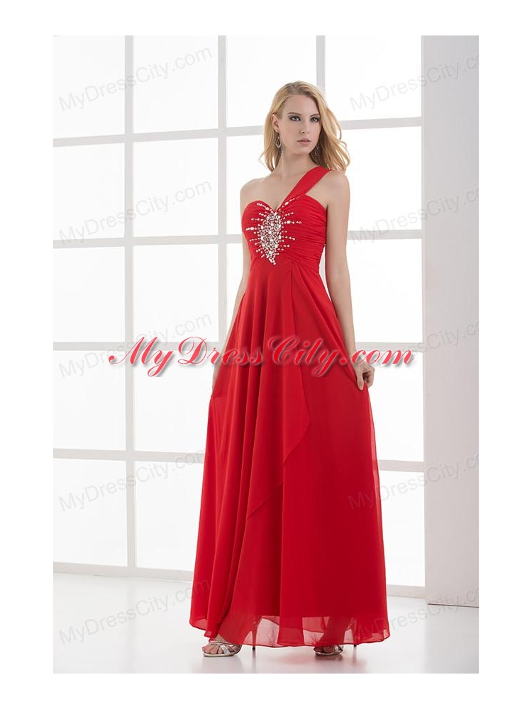 Empire One Shoulder Floor-length Chiffon Red Prom Dress