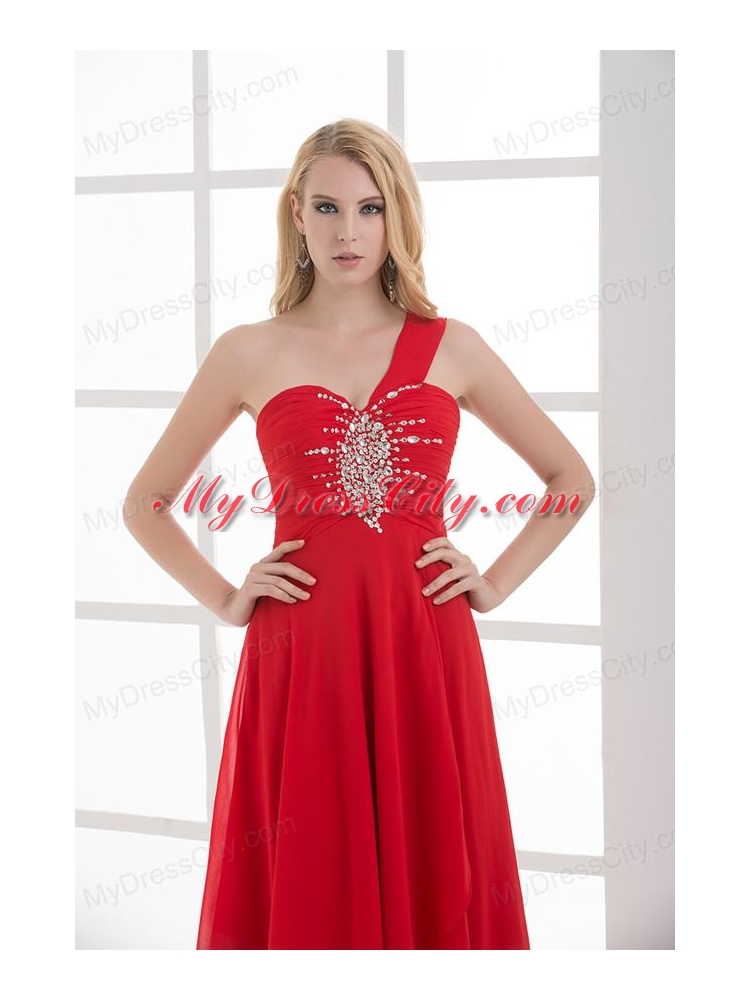 Empire One Shoulder Floor-length Chiffon Red Prom Dress