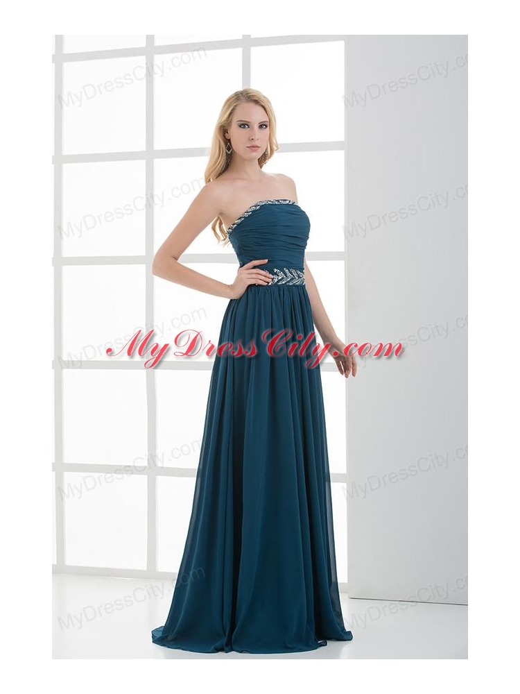 Empire Strapless Beading Blue Floor-length Chiffon Prom Dress