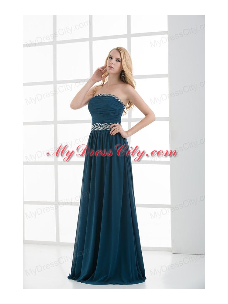 Empire Strapless Beading Blue Floor-length Chiffon Prom Dress