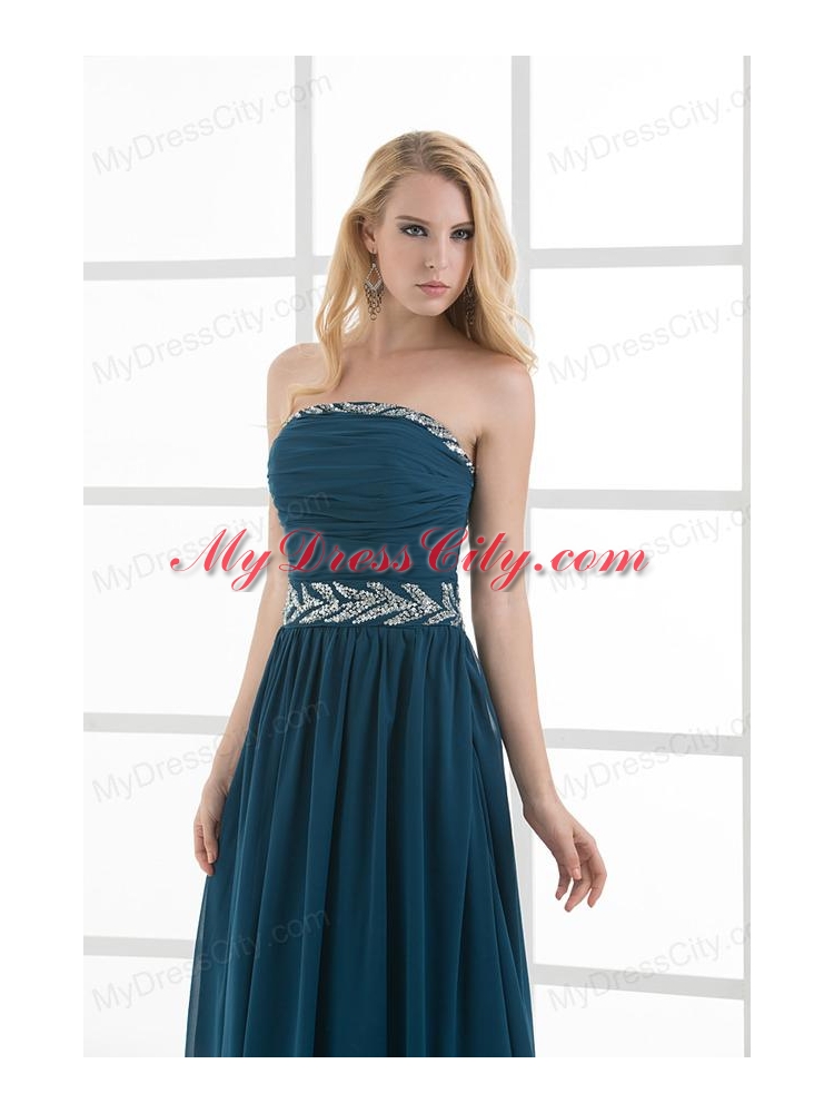 Empire Strapless Beading Blue Floor-length Chiffon Prom Dress