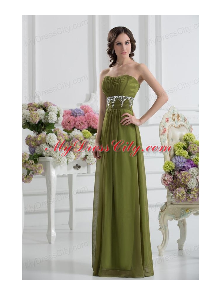 Empire Strapless Chiffon Beading Ruching Olive Green Prom Dress