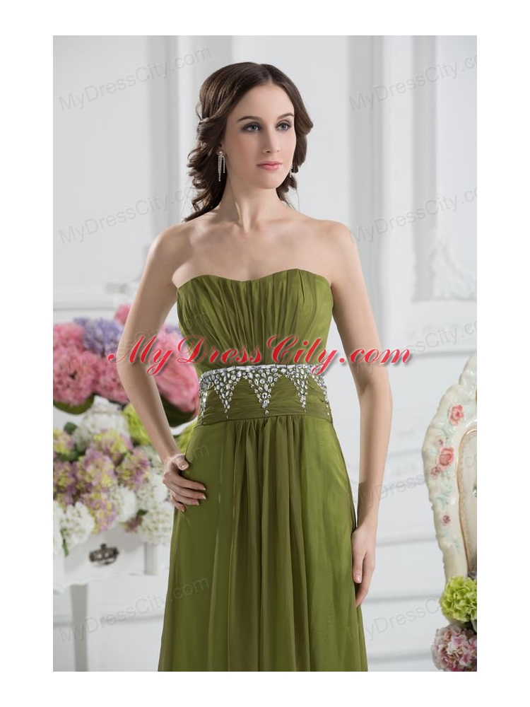 Empire Strapless Chiffon Beading Ruching Olive Green Prom Dress