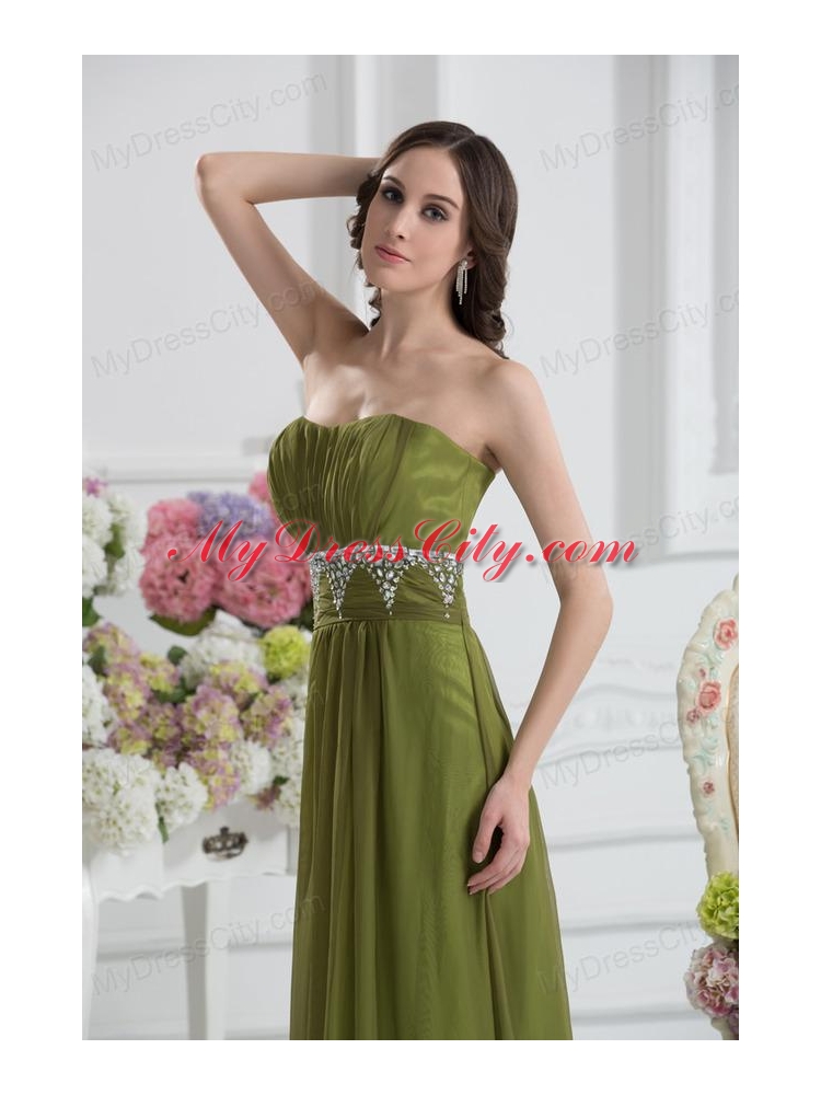 Empire Strapless Chiffon Beading Ruching Olive Green Prom Dress