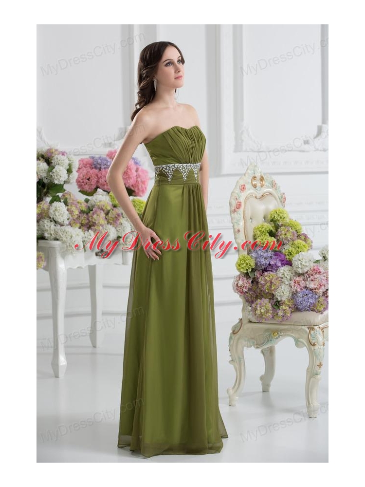 Empire Strapless Chiffon Beading Ruching Olive Green Prom Dress