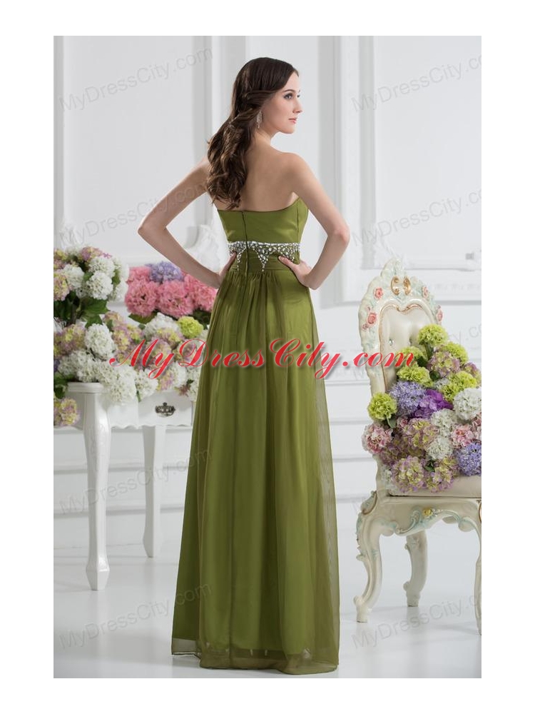 Empire Strapless Chiffon Beading Ruching Olive Green Prom Dress