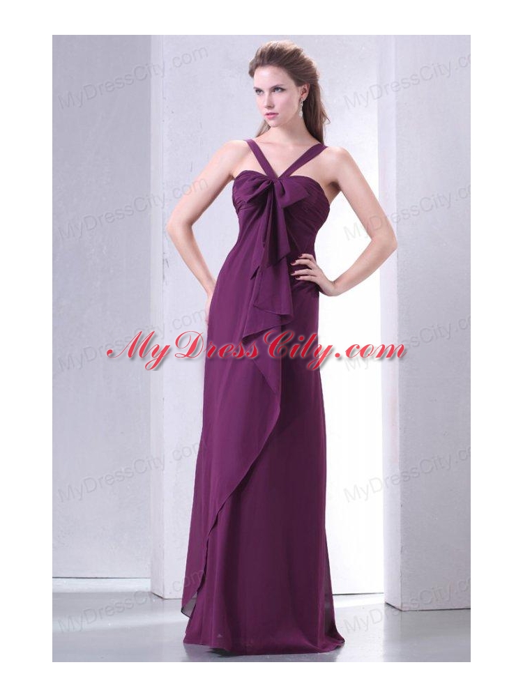 Purple Empire V-neck Straps Prom Dress with Bowknot