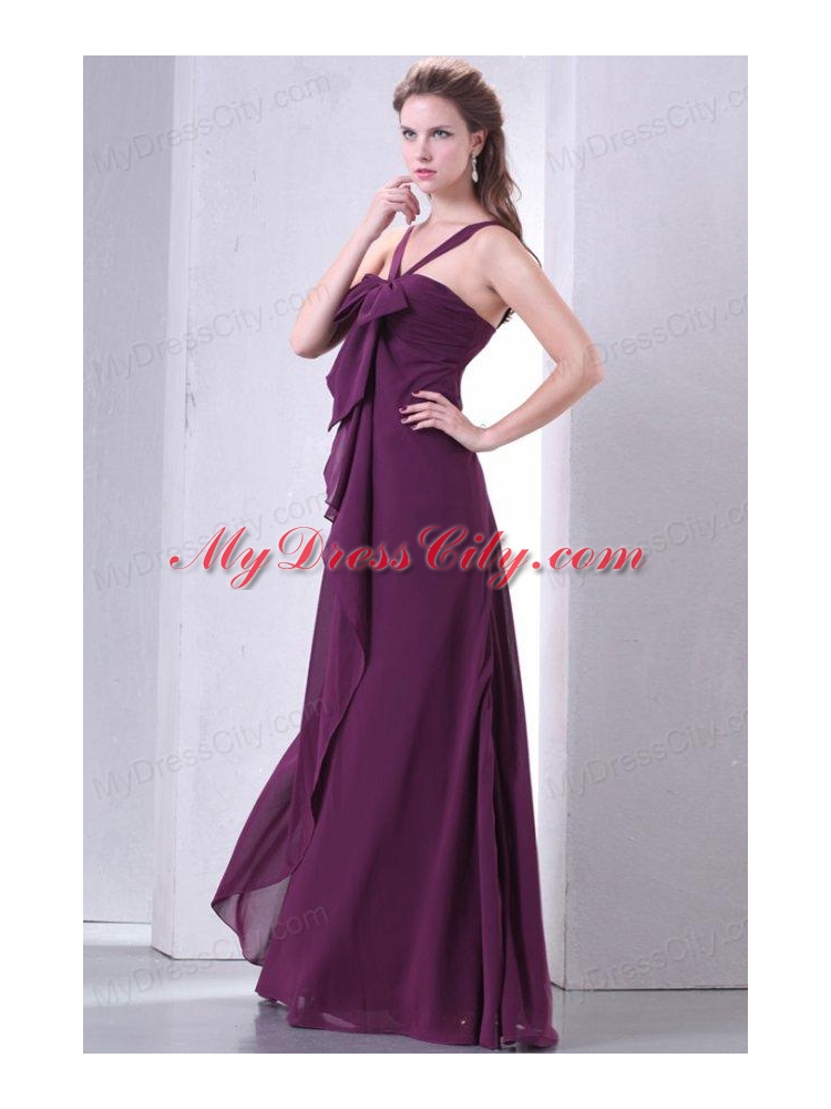 Purple Empire V-neck Straps Prom Dress with Bowknot