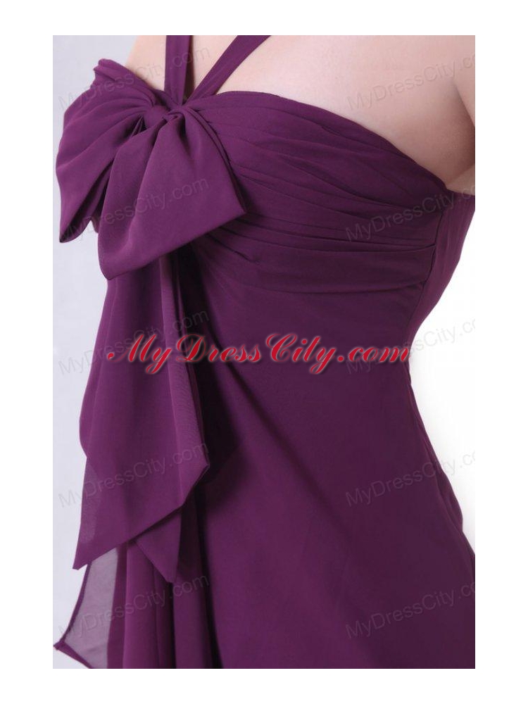 Purple Empire V-neck Straps Prom Dress with Bowknot