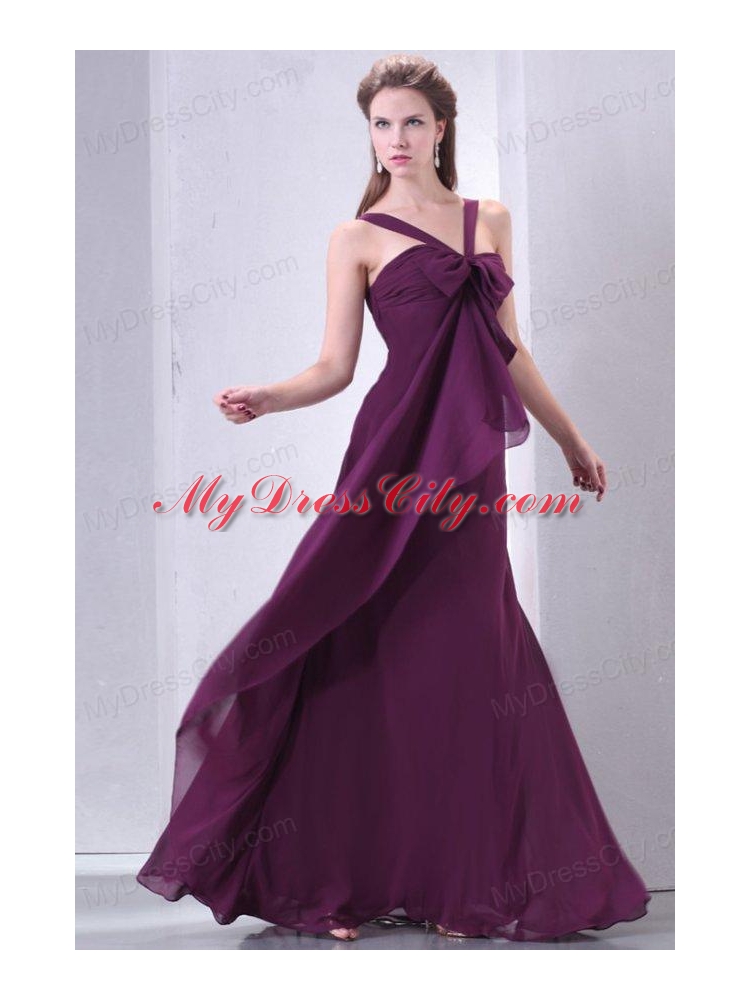 Purple Empire V-neck Straps Prom Dress with Bowknot