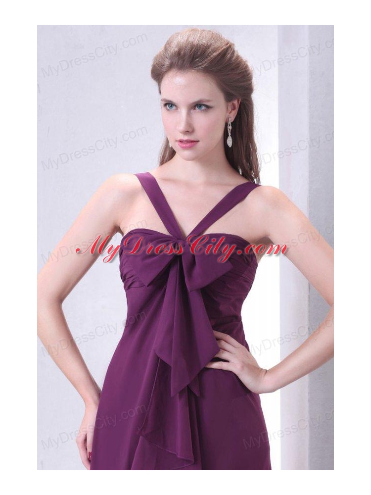 Purple Empire V-neck Straps Prom Dress with Bowknot