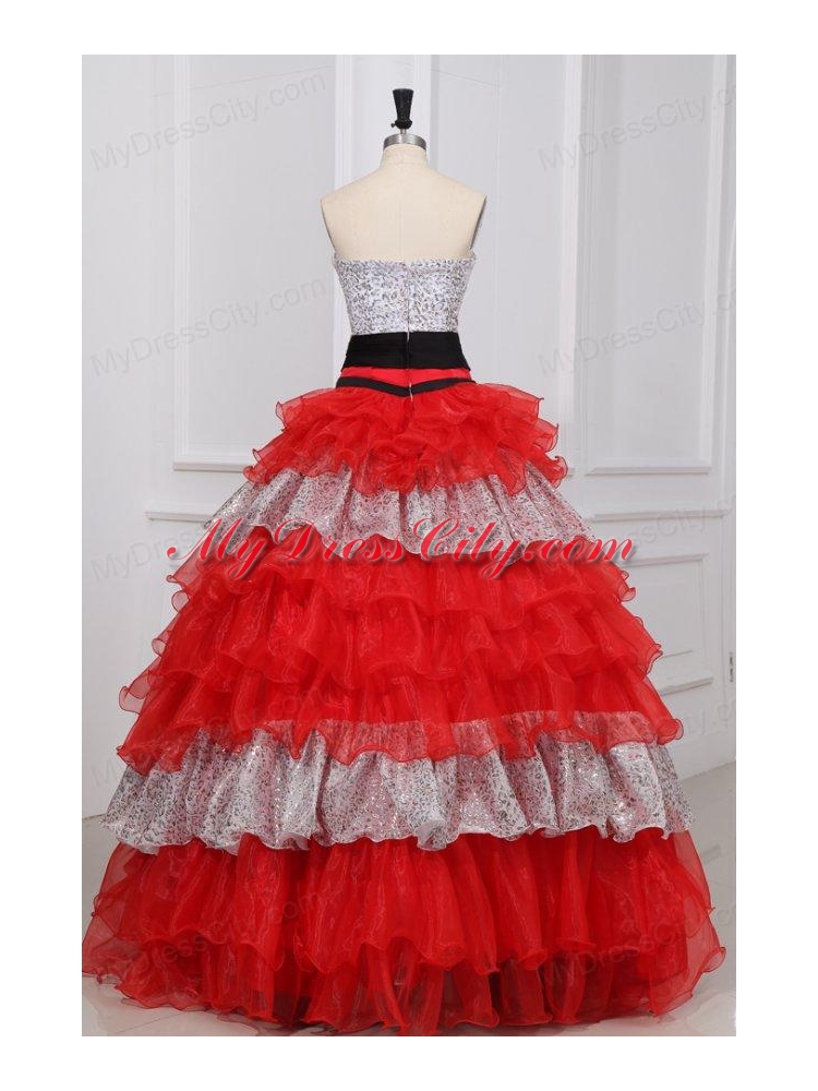 Red and White Strapless Beaded Decorate Organza Quinceanera Dress