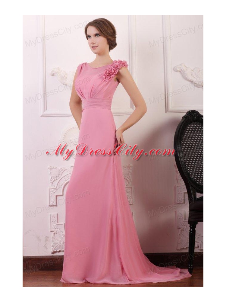 Rose Pink Empire V-neck Court Train Prom Dress with Flowers