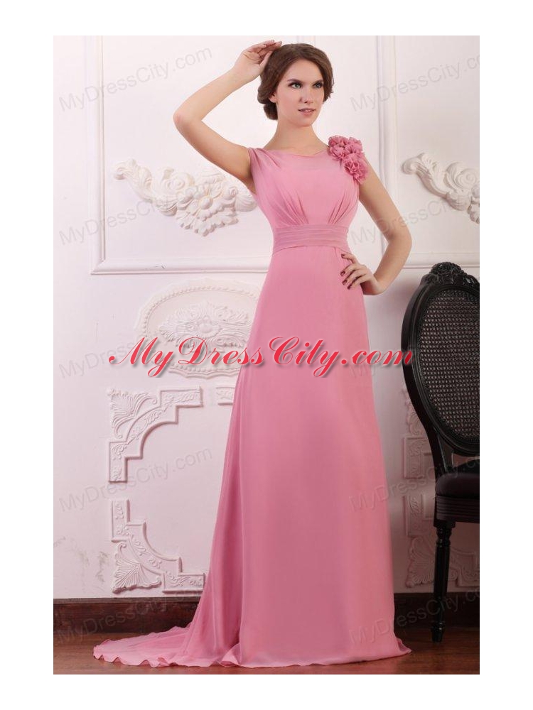 Rose Pink Empire V-neck Court Train Prom Dress with Flowers