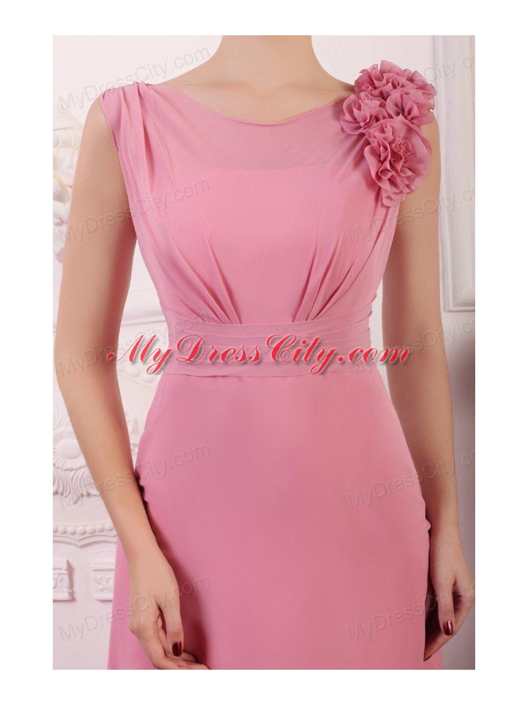 Rose Pink Empire V-neck Court Train Prom Dress with Flowers