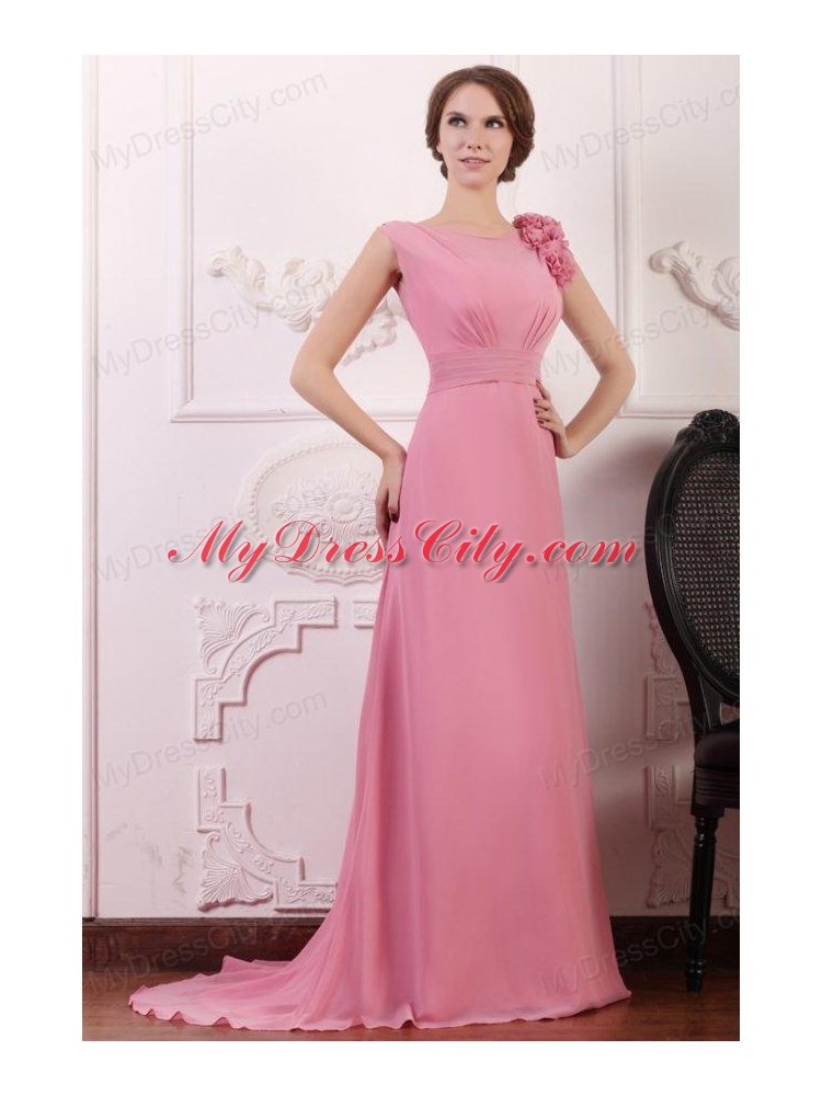 Rose Pink Empire V-neck Court Train Prom Dress with Flowers