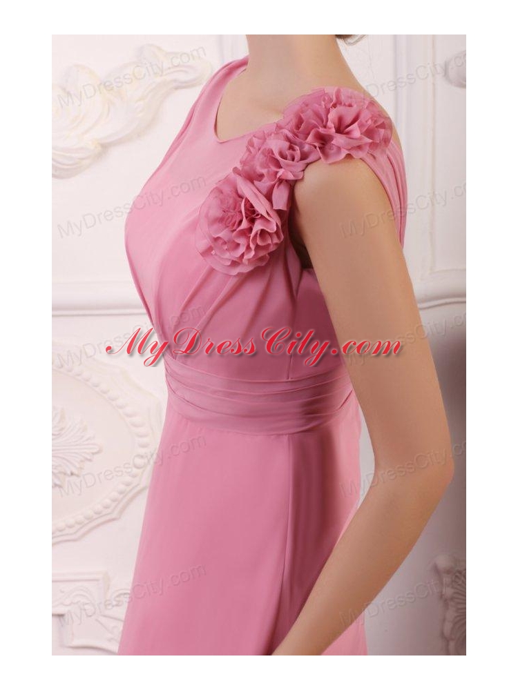 Rose Pink Empire V-neck Court Train Prom Dress with Flowers