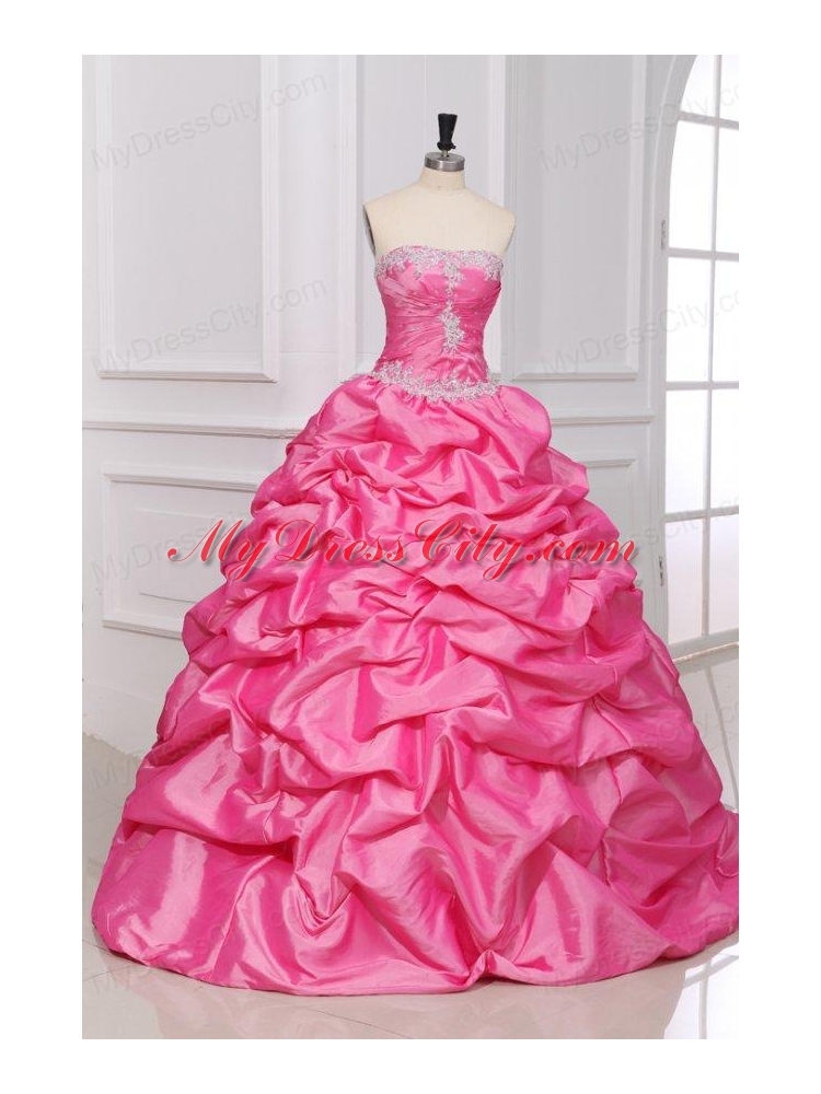 Rose Pink Strapless Appliques and Pick-ups Quinceanera Dress with Taffeta