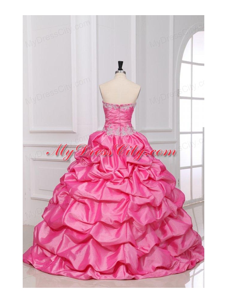 Rose Pink Strapless Appliques and Pick-ups Quinceanera Dress with Taffeta