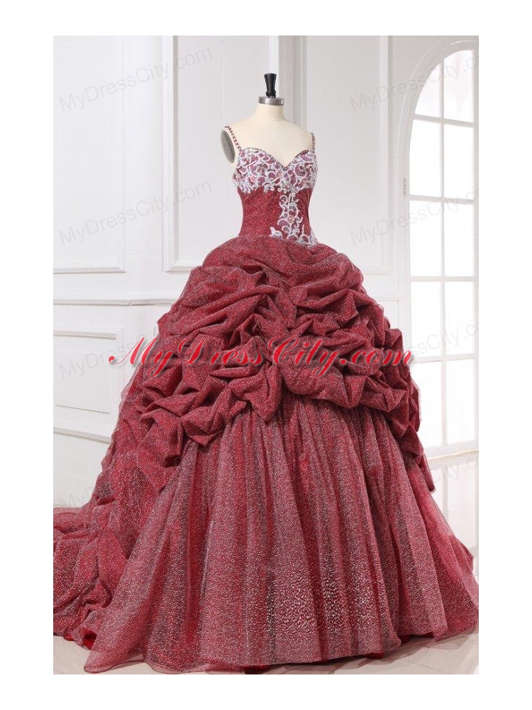 Spaghetti Straps Appliques and Pick-ups Quinceanera Dress in Burgundy