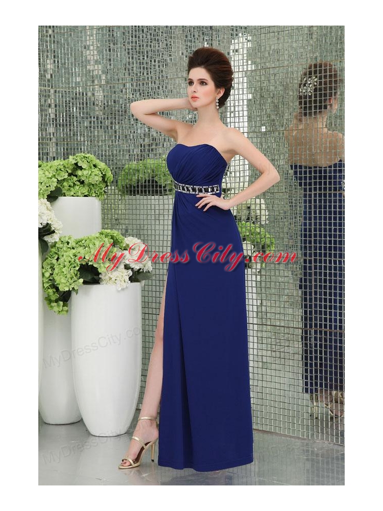 Spaghetti Straps Prom Dress with High Slit Ruchings Empire Blue Chiffon Belt