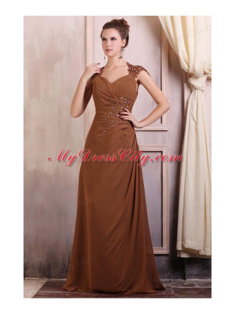 V-neck Column Chiffon Appliques with Beading Prom Dress in Brown