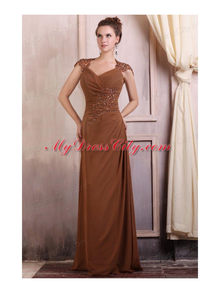 V-neck Column Chiffon Appliques with Beading Prom Dress in Brown