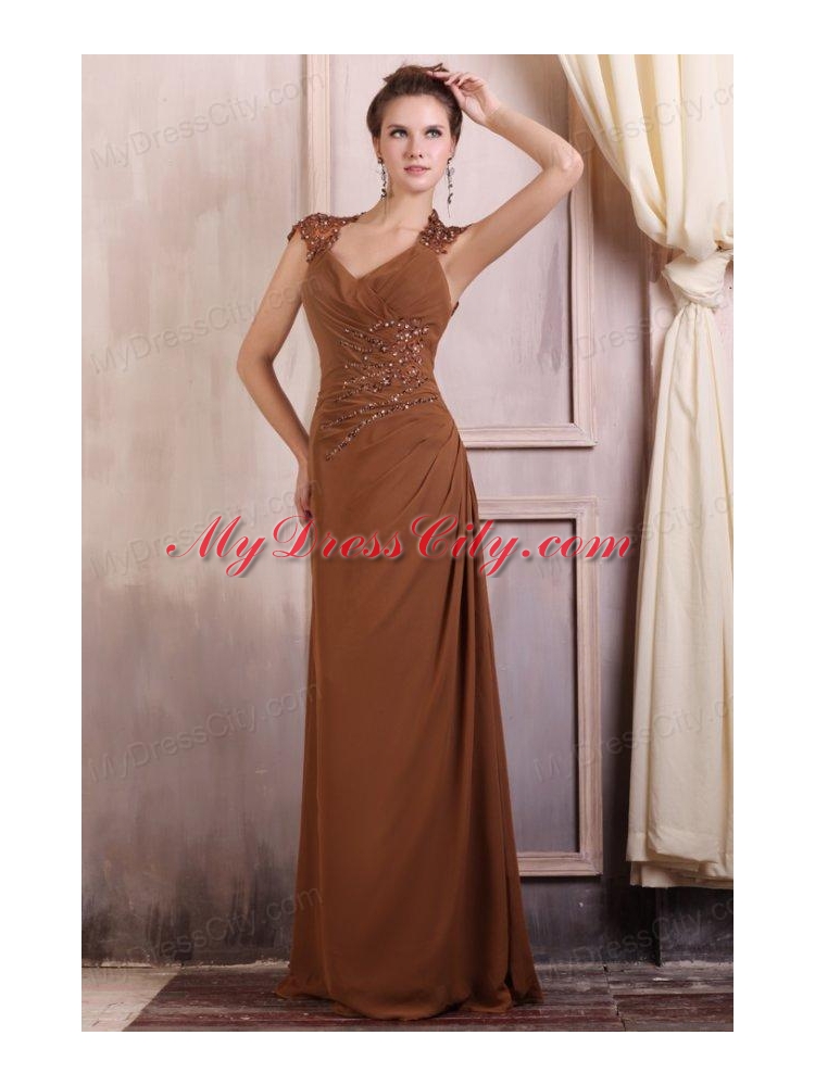 V-neck Column Chiffon Appliques with Beading Prom Dress in Brown