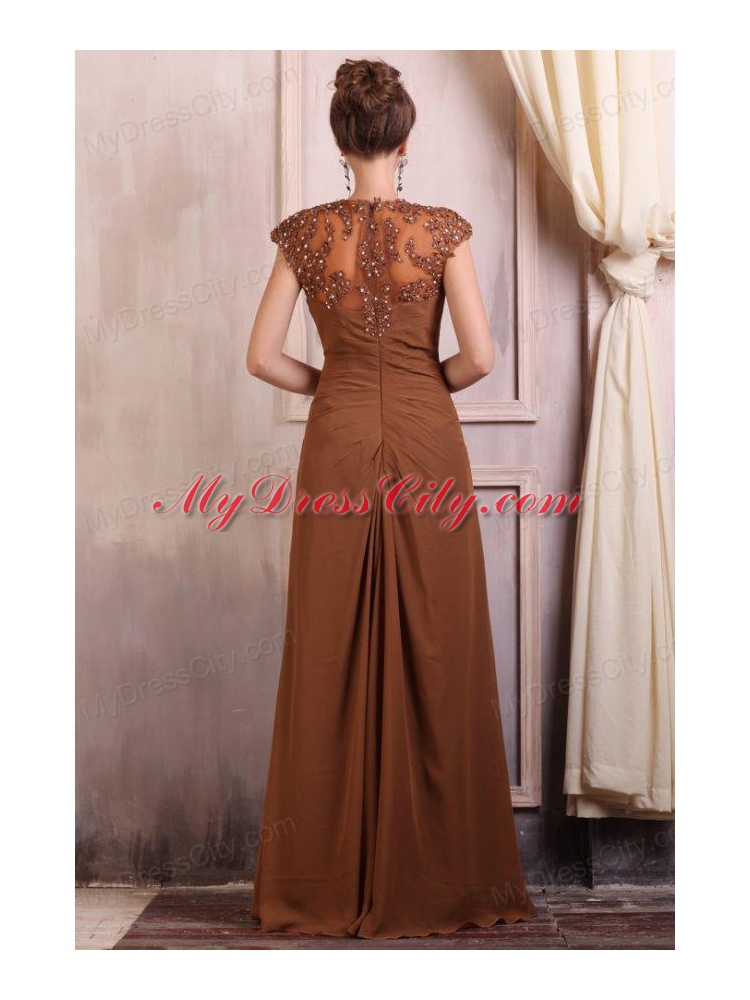 V-neck Column Chiffon Appliques with Beading Prom Dress in Brown