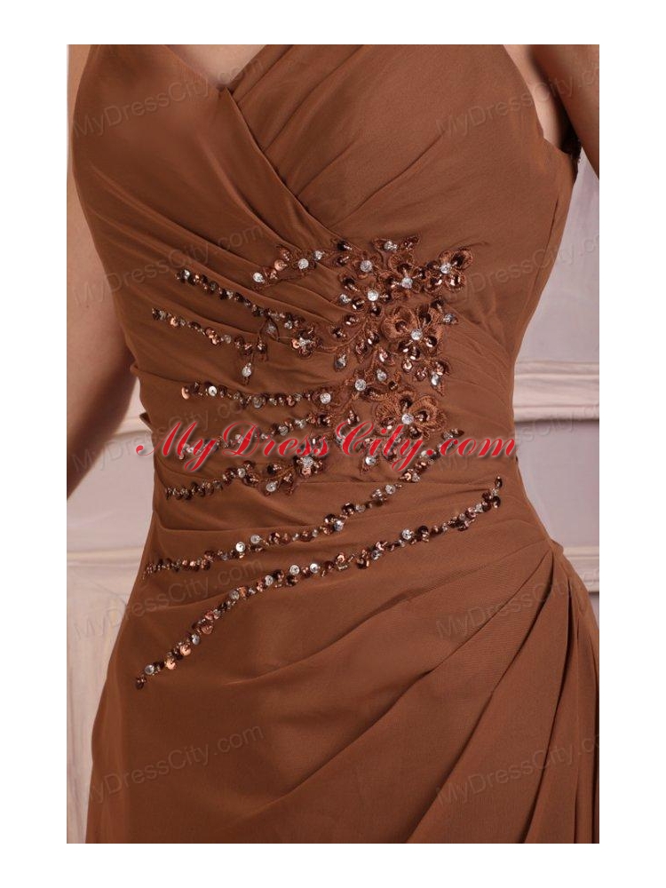 V-neck Column Chiffon Appliques with Beading Prom Dress in Brown