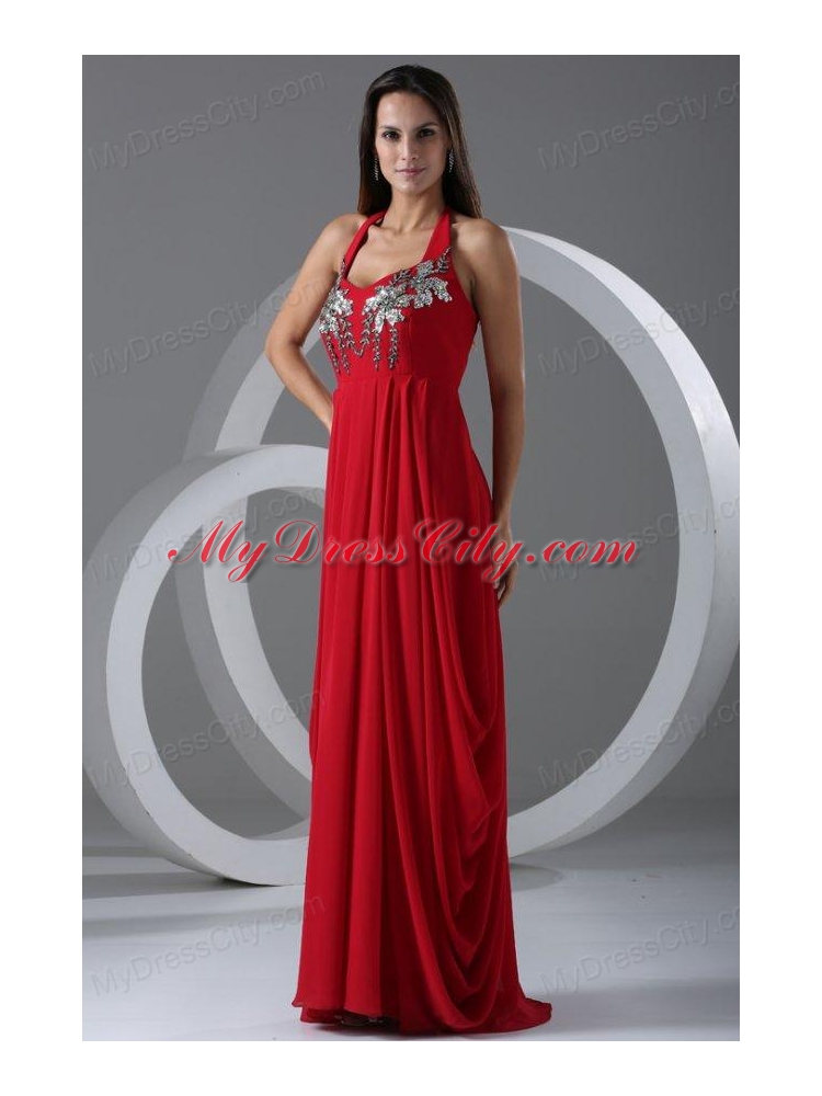 Wine Red Empire Halter Top Prom Dress with Beading