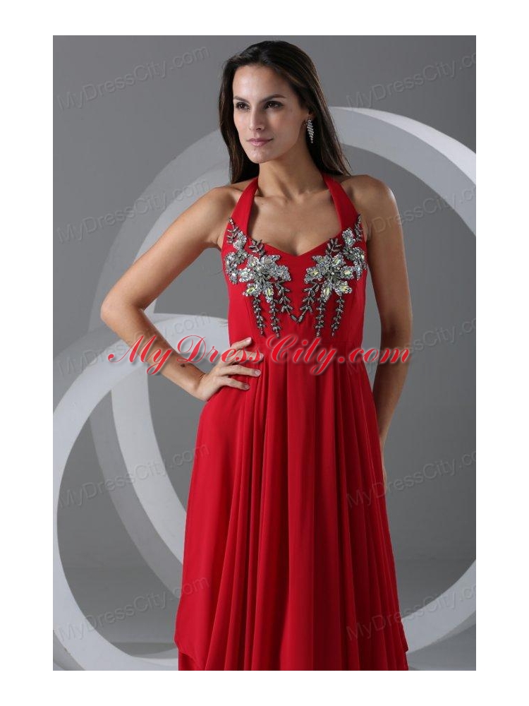 Wine Red Empire Halter Top Prom Dress with Beading