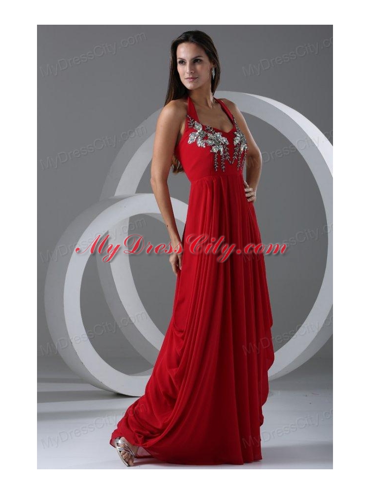 Wine Red Empire Halter Top Prom Dress with Beading