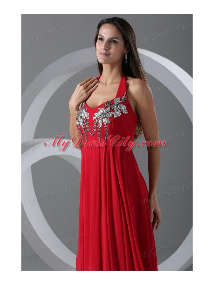 Wine Red Empire Halter Top Prom Dress with Beading