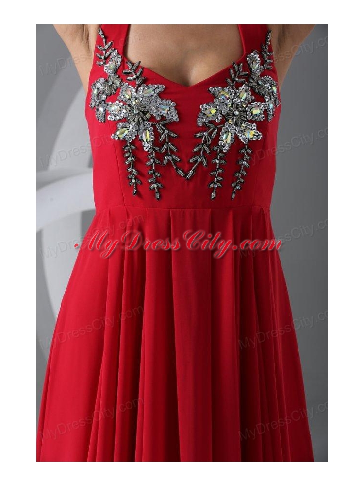 Wine Red Empire Halter Top Prom Dress with Beading