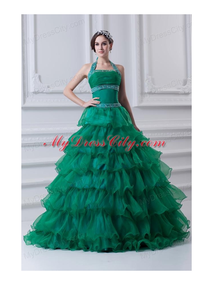 2014 Spring A-line Hater Top Beading and Appliques Green Quinceanera Dress