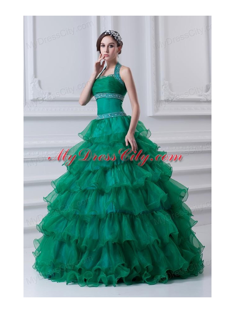 2014 Spring A-line Hater Top Beading and Appliques Green Quinceanera Dress