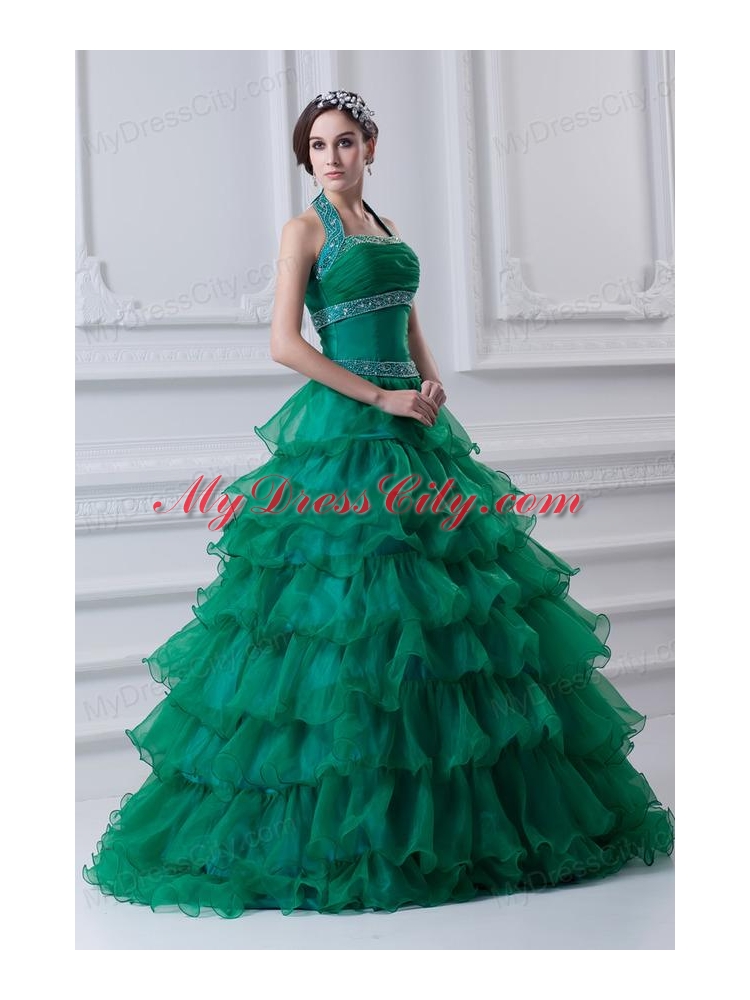 2014 Spring A-line Hater Top Beading and Appliques Green Quinceanera Dress