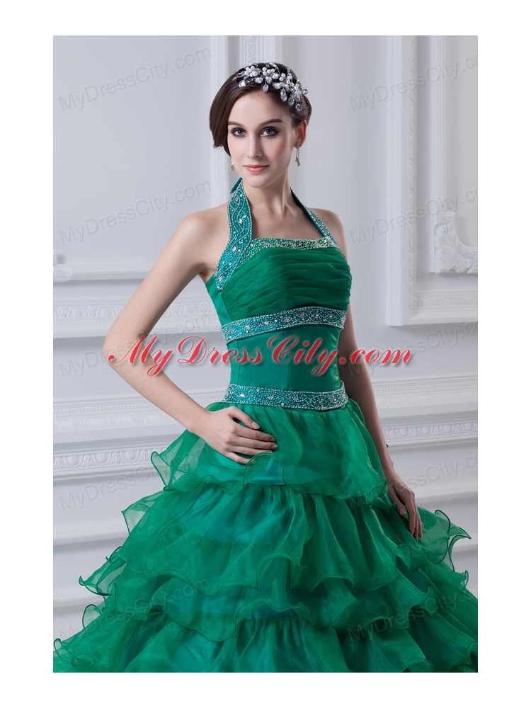 2014 Spring A-line Hater Top Beading and Appliques Green Quinceanera Dress