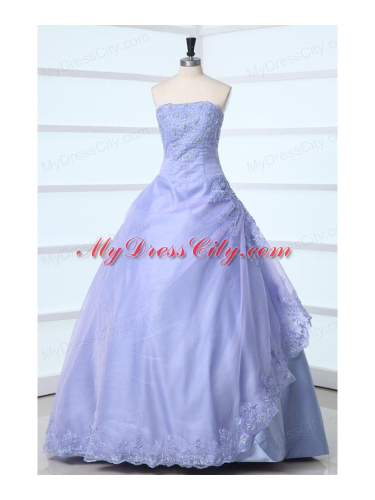 2014 Spring Strapless Appliques Decorate Quinceanera Dress in Lavender