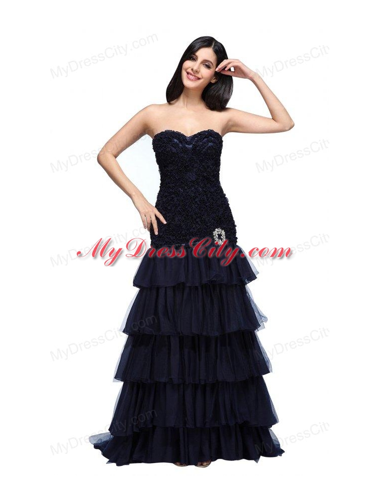 A-line Navy Blue Sweetheart Ruffled Layers Beading Appliques Prom Dress