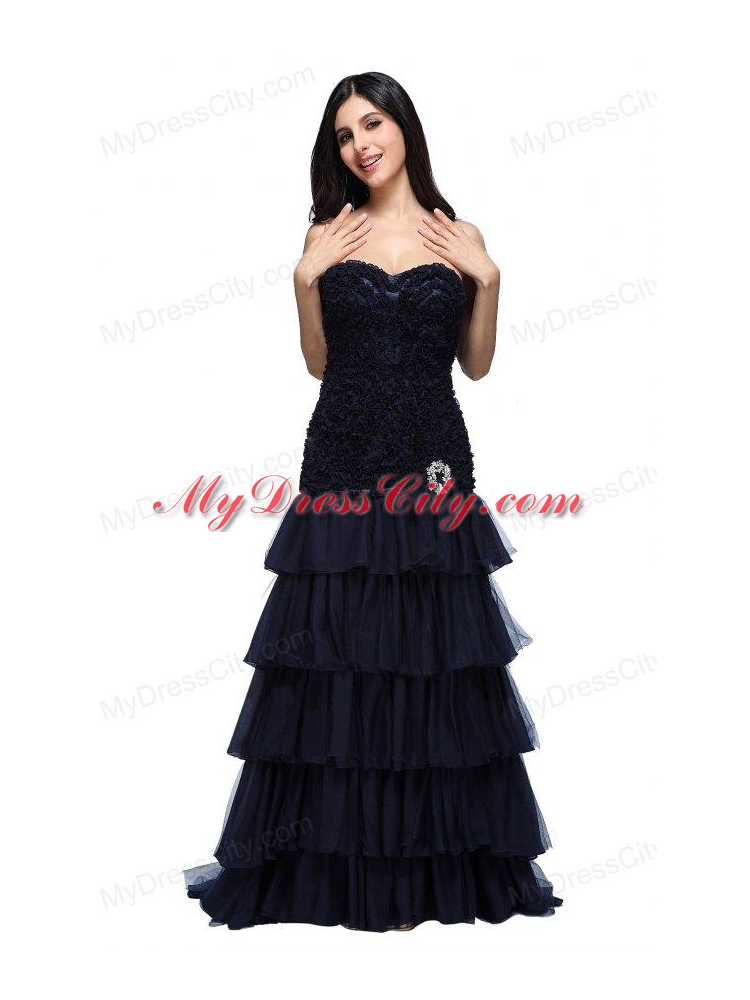 A-line Navy Blue Sweetheart Ruffled Layers Beading Appliques Prom Dress