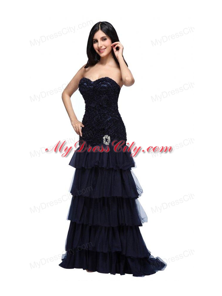 A-line Navy Blue Sweetheart Ruffled Layers Beading Appliques Prom Dress